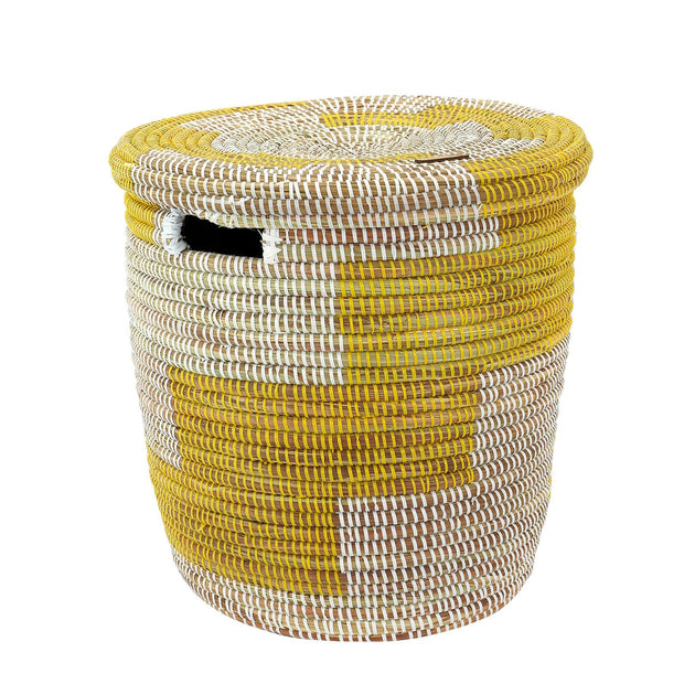 XL Wäschekorb mit flachem Deckel – Korb Kalahari (gelb/weiß) – aus Savannengras – Handgefertigt - Marulaglow®