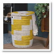 Bowal - XXL Wäschekorb mit flachem Deckel –  Gelb - Weiß – Stoff: Savannengras – Handarbeit - Ø= ca.43cm, Höhe= ca.65cm - UNIKAT - streng limitiertes Exemplar
