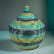 Afrikanische Tajine Blau / Grün Large - Durchmesser: ca.31cm, Höhe mit Deckel: ca.35 cm – Stoff: Savannengras - in Afrika geflochten - UNIKAT - streng limitiertes Exemplar