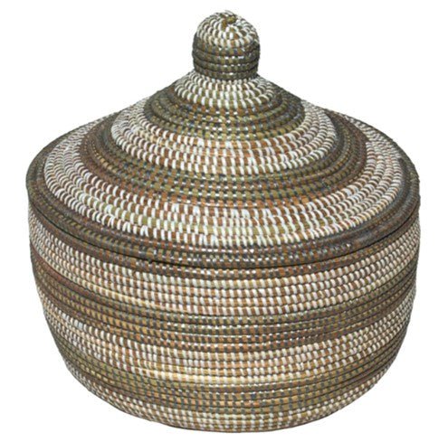 Afrikanische Tajine Grau-Weiß Large - Durchmesser: ca.31cm, Höhe mit Deckel: ca.35cm – Stoff: Savannengras - in Afrika geflochten - UNIKAT - streng limitiertes Exemplar - Marulaglow®