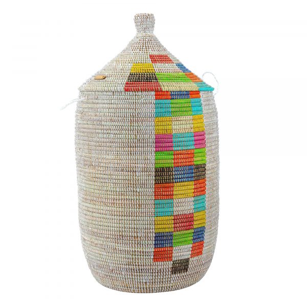 Afrikanischer XXL Wäschekorb mit traditionellem Deckel – Korb Demba (Weiß/Bunt) – Höhe ca. 82,5 cm – aus Savannengras geflochten – für Badezimmer - Marulaglow®