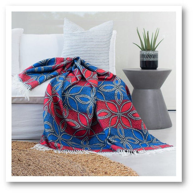 Mobali - Farbenfrohe afrikanische Decke - traditionelles Muster Red /  Old Royal - Luxuriöse gewebte Decke – Länge ca.180cm x Breite ca.140cm - Marulaglow®