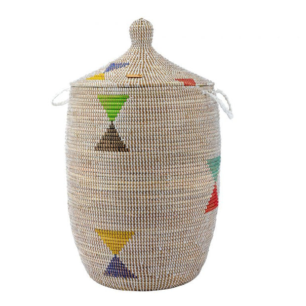 Traditioneller afrikanischer XXL Wäschekorb mit Deckel – Korb Nubia (weiß/bunt) – aus Savannengras geflochten – Handarbeit – Höhe ca. 82,5 cm - Marulaglow®