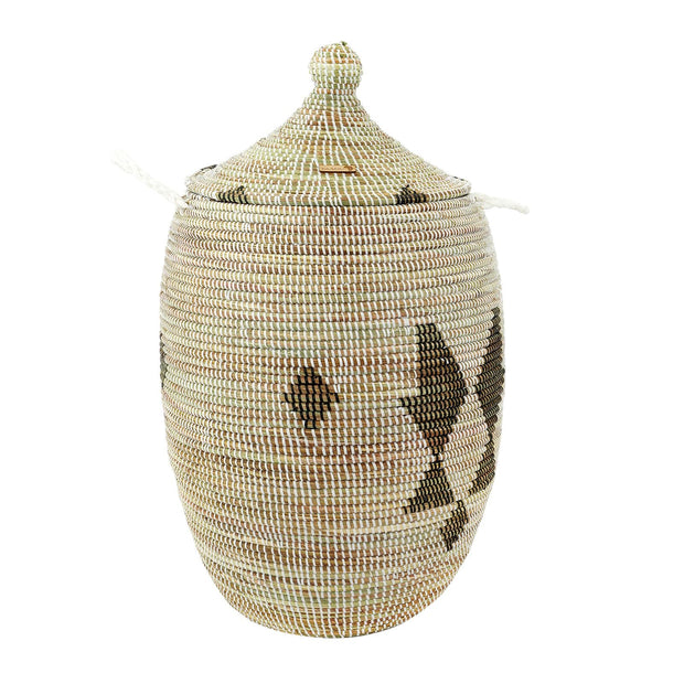XXL Wäschekorb mit Deckel – Korb Accra (weiß/schwarz) – aus Savannengras – Handgefertigt - Marulaglow®