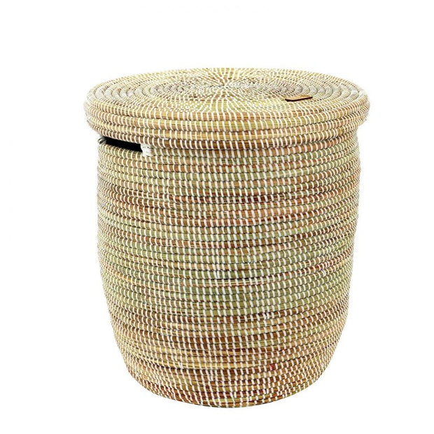 XL Wäschekorb mit flachem Deckel – Korb Timbuktu (weiß/natur) – aus Savannengras – Handgefertigt - Marulaglow®