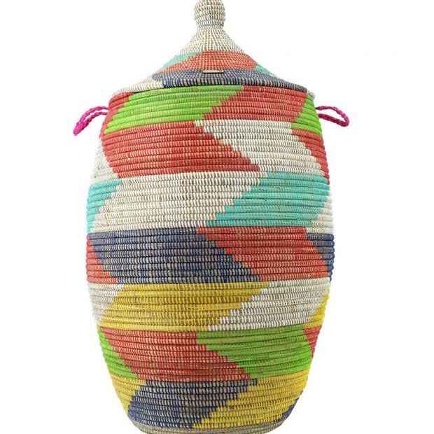 XXXL Wäschekorb mit Deckel – Korb Teranga (bunt) – Höhe ca. 100 cm – aus Savannengras geflochten – Handarbeit - Marulaglow®